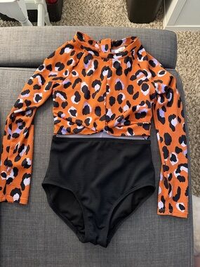 New Girls Long Sleeve One-Piece Swimsuit- Leopard Print and Black